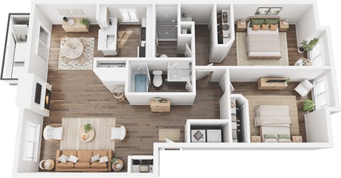 Floor plan for 2 beds, 2 baths, 1068 sqft